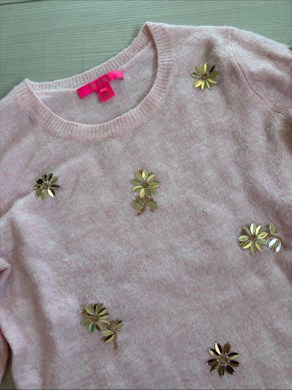 Lilly Pulitzer Pink Crewneck Sweater with Gold Sequin Flowers